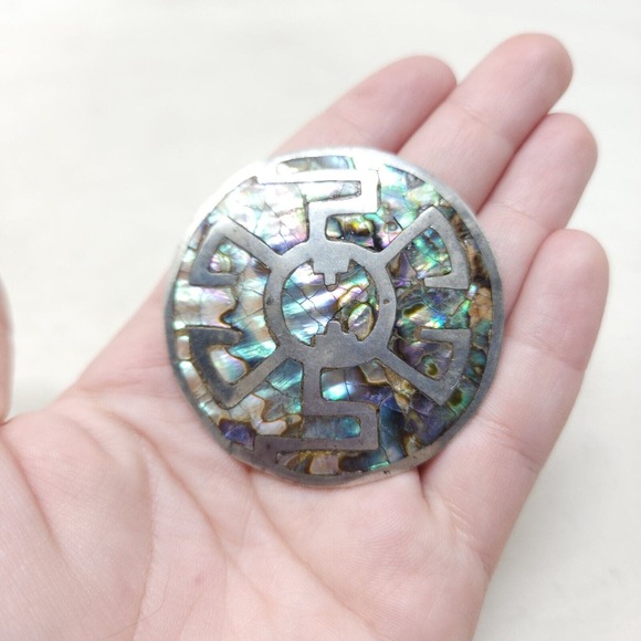 Vintage 925 Sterling Silver Brooch Pendant Taxco Mexico Abalone Inlay Greek Key - Picture 6 of 9